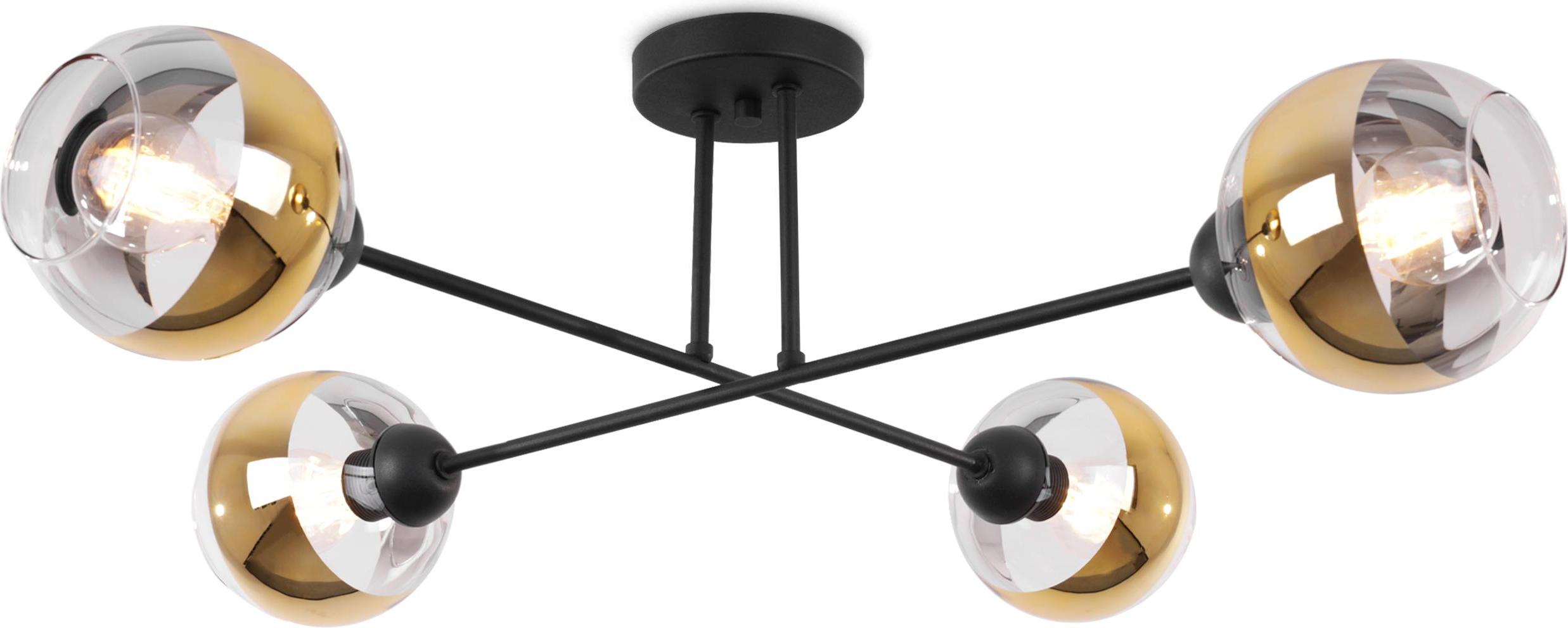 Deckenlampe Asturia schwarz 4-flammig mit goldenem Glasschirm E27