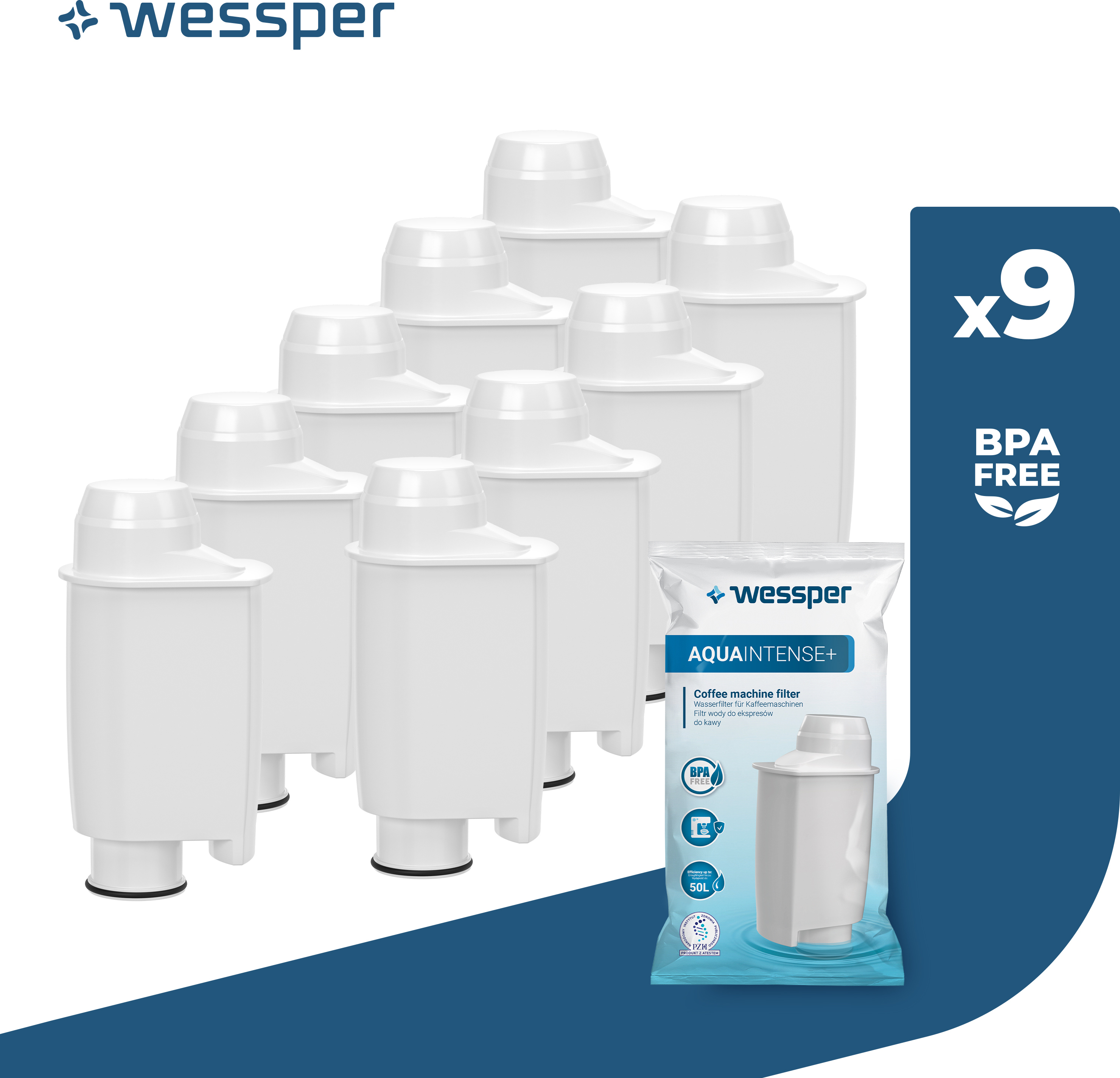 Wessper AquaIntense+ Wasserfilter 9er Set – Ersatz für Brita Intenza+ CA6702/00, kompatibel mit Saeco / Philips Espressovollautomaten 9X_FW_11___00055