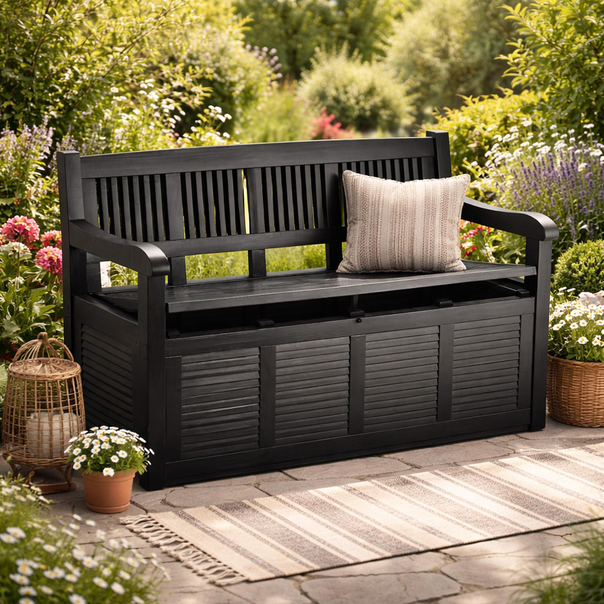 Gartenbank 130x60x85 cm Schwarz, Truhenbank mit 280L