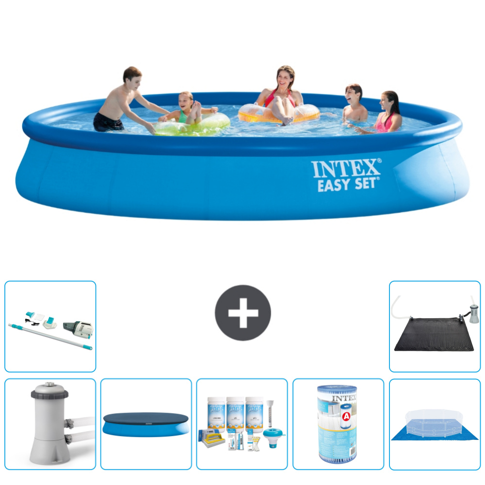 Intex okrúhly nafukovací bazén Easy Set - 457 x 84 cm - modrý - vrátane krytu čerpadla - balík na údržbu - filter - podložka - vysávač - solárna podložka