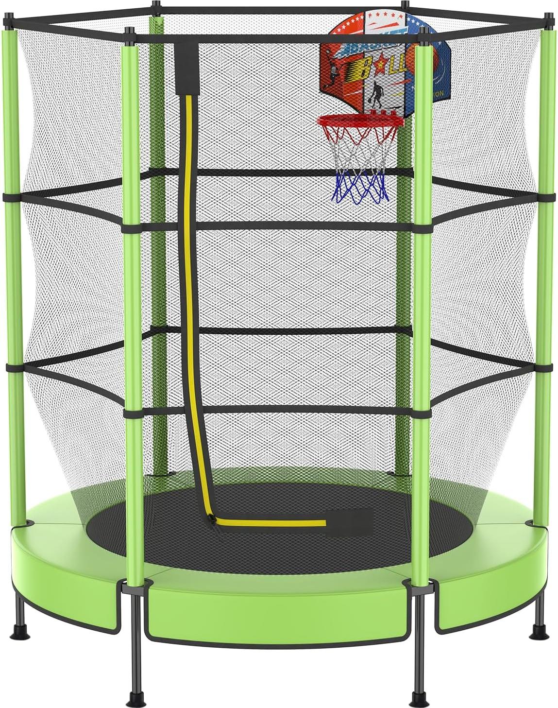 Mini Trampoline - Kindertrampoline mit Sicherheitsnetz - Fitness-Trampolin mit Stange - Für Kinder - Kleine Trampoline mit Basketballkorb - Kleinkind- & Kindertrampolin 145 cm - Indoor & Outdoor