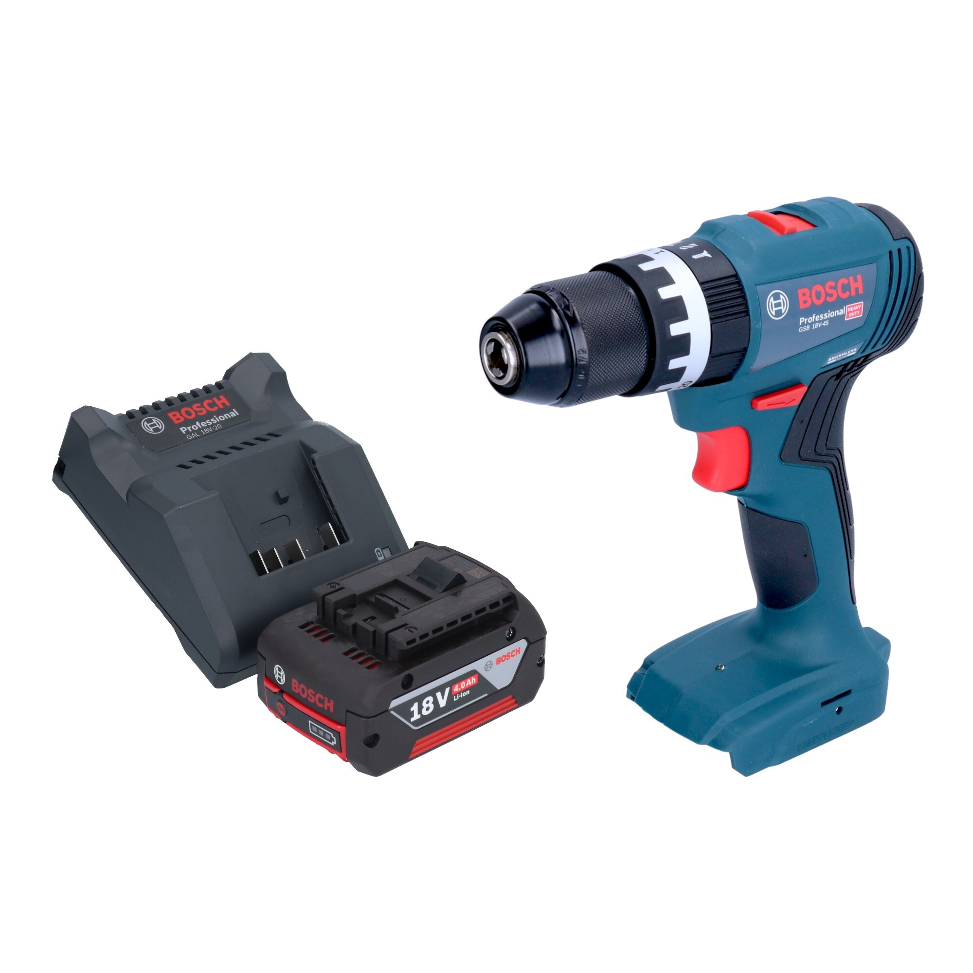 Bosch GSB 18V-45 Profesionálna akumulátorová príklepová vŕtačka 18 V 45 Nm bez kefiek + 1x akumulátor 4,0 Ah + nabíjačka