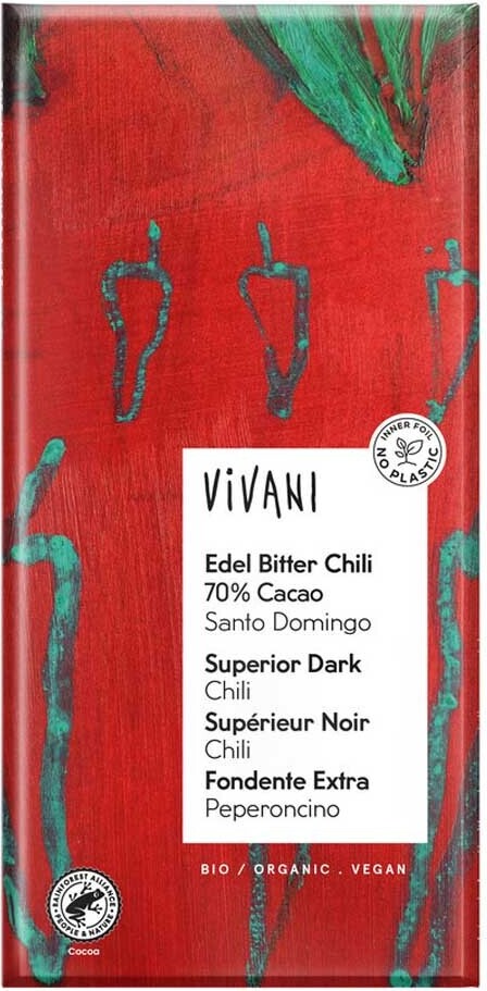 Vivani Edel Bitter Chili Schokolade 70% Cacao Santo Domingo -- 100g