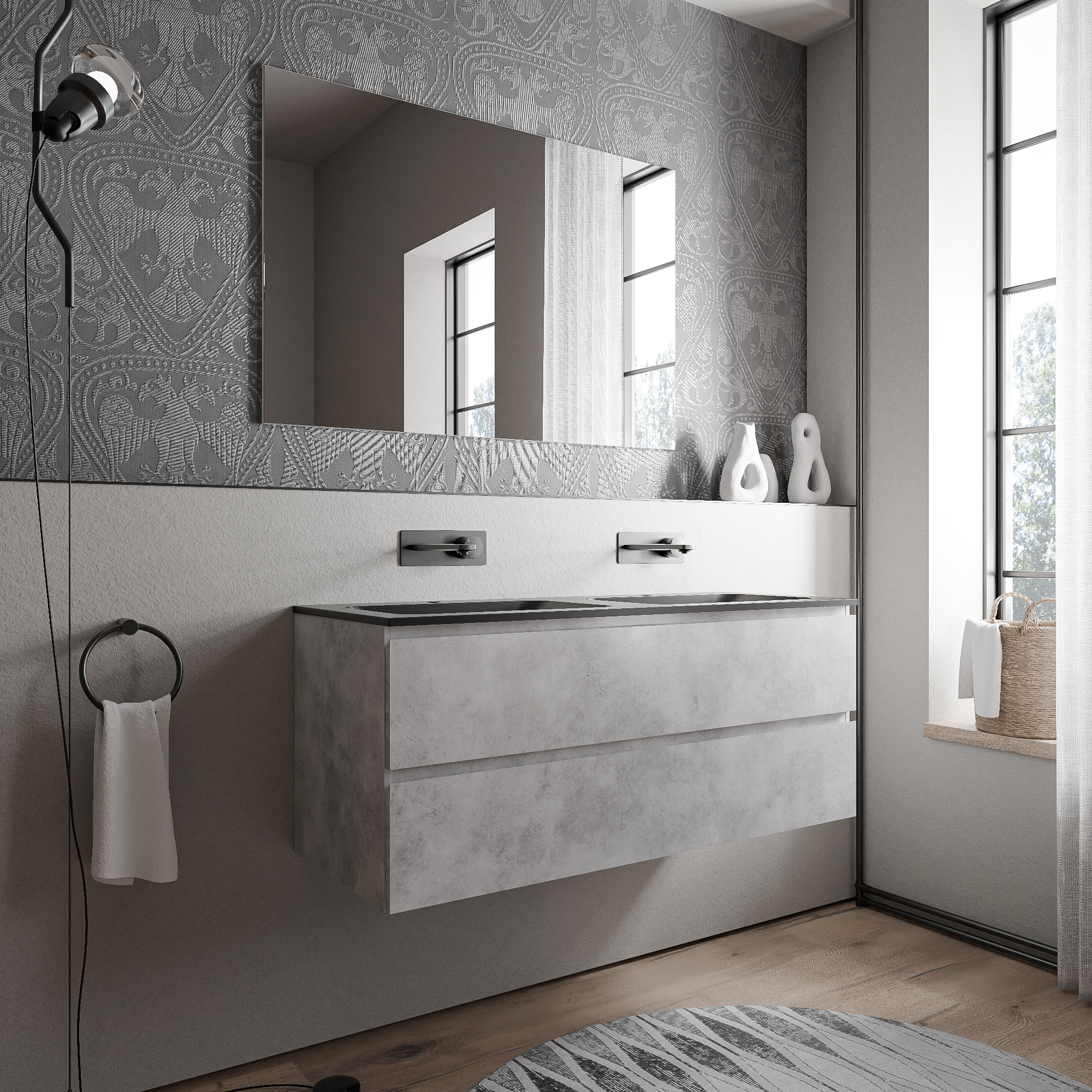 Unterschrank AVA 120 cm mit Mineralguss Waschbecken BRUXELLES - Farbe wählbar, Auswahl Waschbecken:Schwarz matt ohne Hahnloch, Farbe Badmöbel:Beton