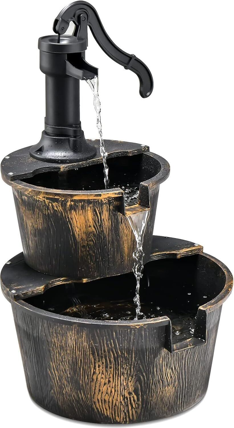 GOPLUS Gartenbrunnen Holz, Springbrunnen Zierbrunnen mit Wasserpumpe, Fassbrunnen Wasserfall, Holzbrunnen Holzeimer deko, Wasserspiel für Garten PQ81072EFDE