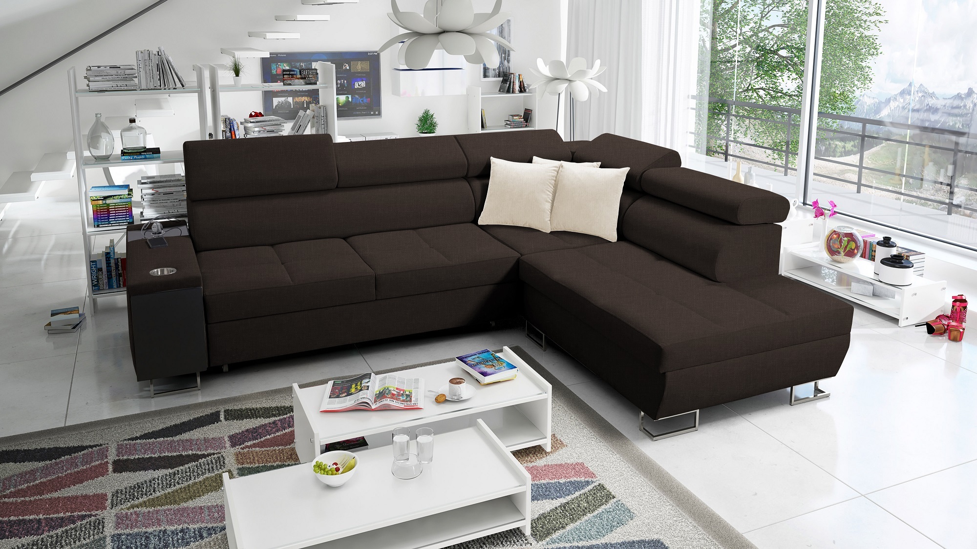 Wohnzimmer Couch Polstersofa mit Schlaffunktion MOREN VII Eckcouch L-Form Rechts Braun SAWANA 26 IM SOFA