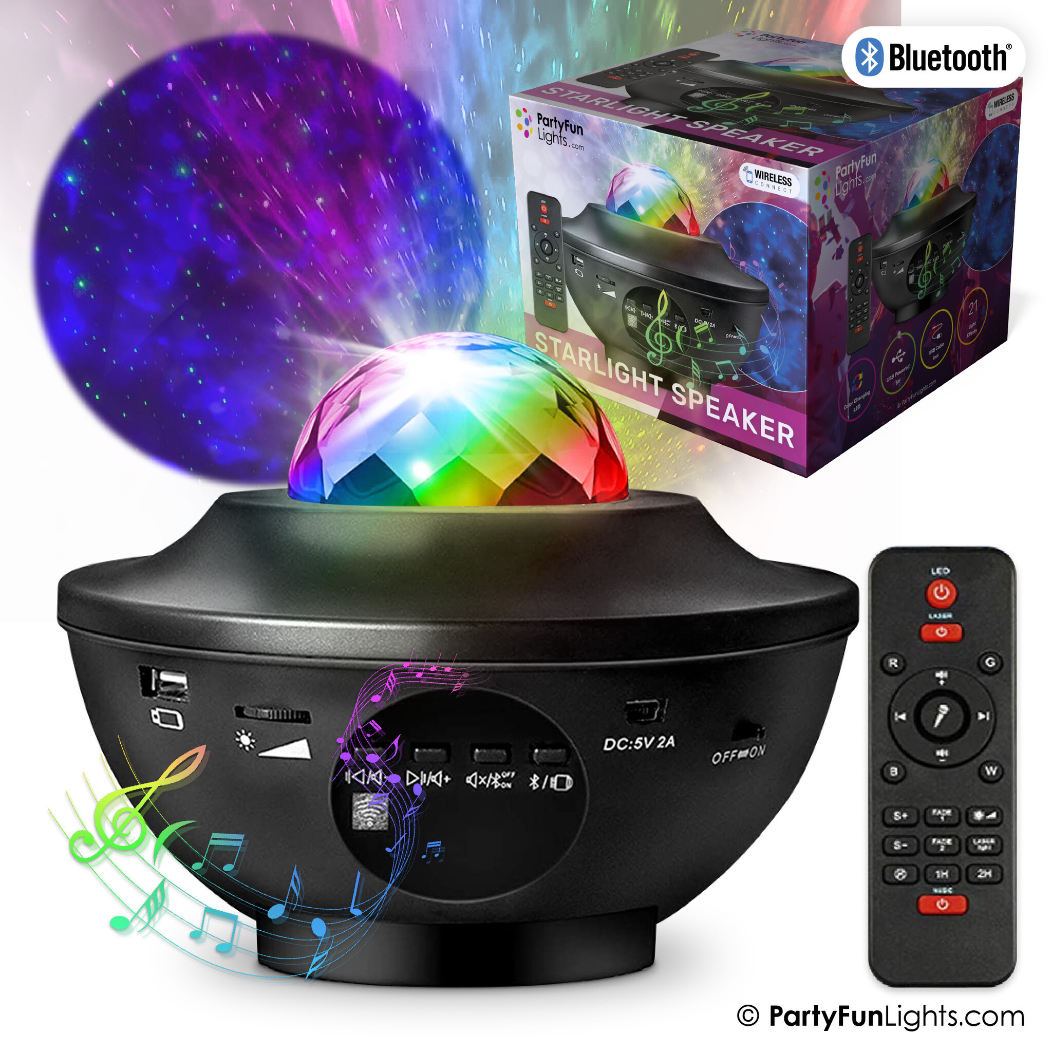 PartyFunLights Kabelloser Starlight-Party-Lautsprecher mit Laserprojektor-Lichteffekten und Fernbedienung 86480