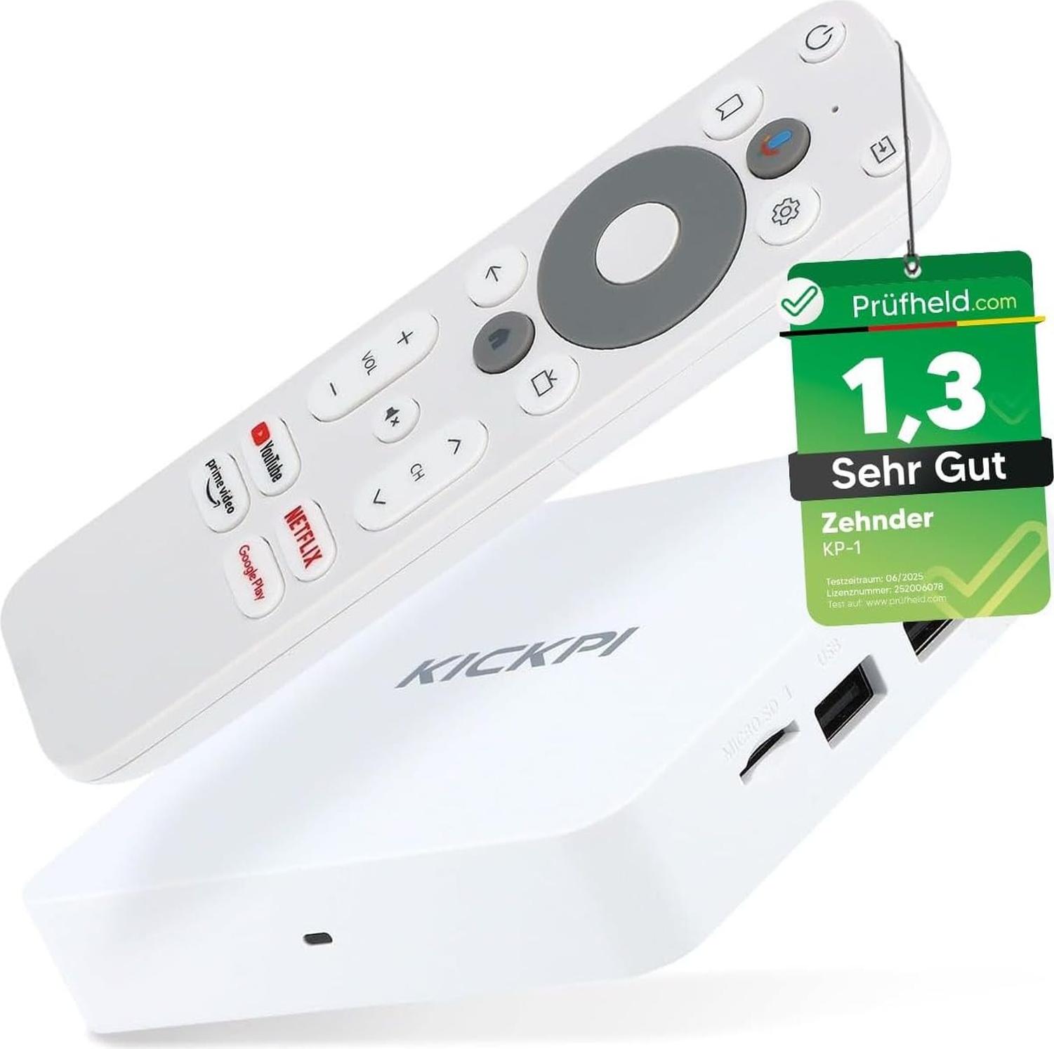 Zehnder KP-1, KICKPI IPTV Box, 4K UHD, Android 11, Streaming, Netflix, Prime Video, YouTube, Google Play, Dolby, WiFi WLAN 2.4G/5G, Bluetooth FB, 32GB Flash, KP1