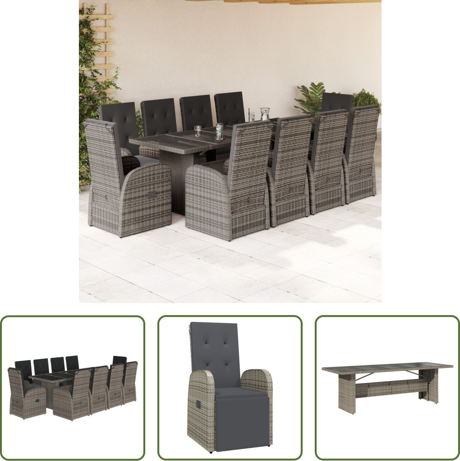 The Living Store 11-dielny záhradný jedálenský set s vankúšmi sivý polyratan