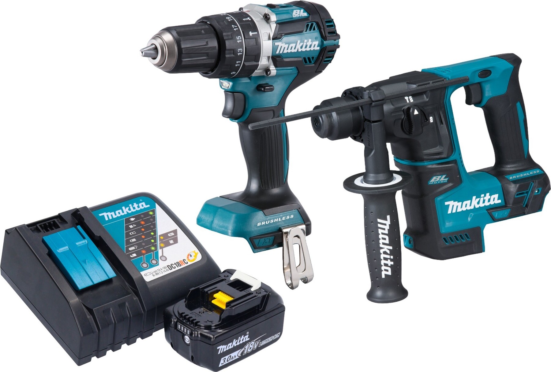 Akumulátorová kombinovaná súprava Makita DLX 2278 RF1 + príklepová vŕtačka DHP 484 54 Nm + vŕtacie kladivo DHR 171 1,2 J + 1x akumulátor 3,0 Ah + nabíjačka