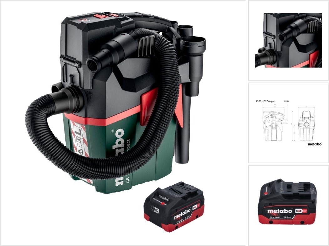 Metabo AS 18 L PC Kompaktný akumulátorový vysávač 18 V 6 l IPX4 prachová trieda L mokré a suché vysávanie + 1x akumulátor 5,5 Ah - bez nabíjačky
