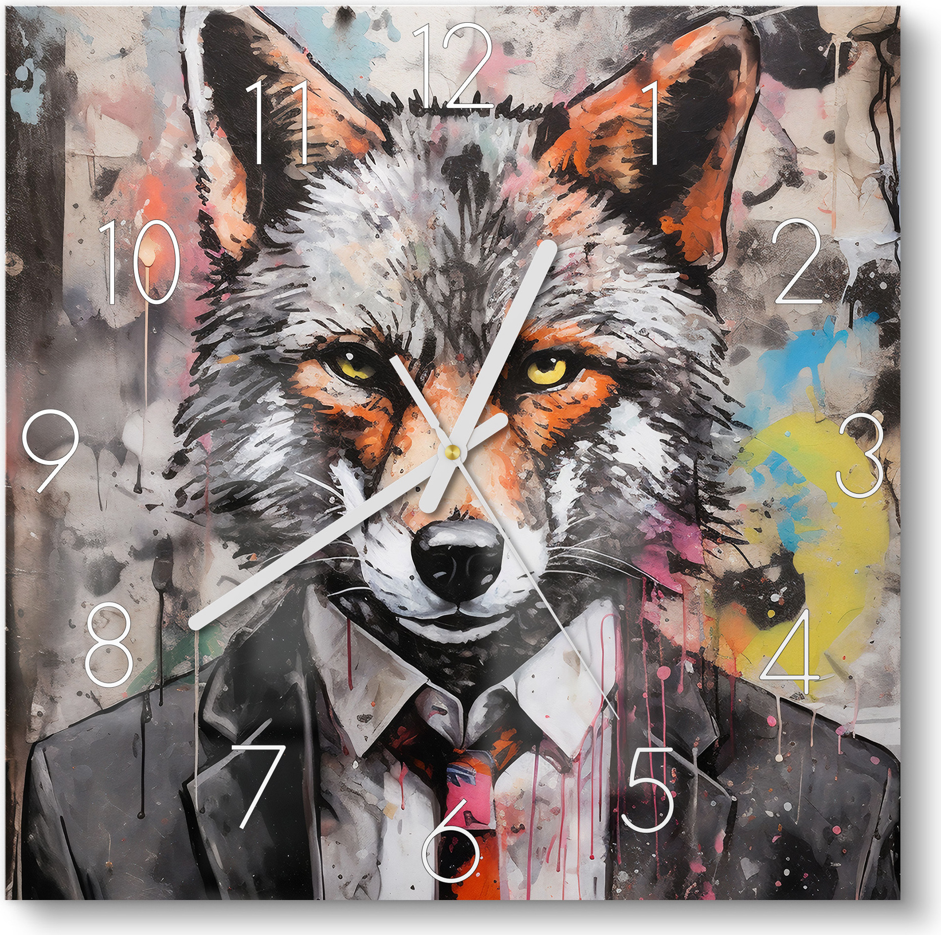 DEQORI DEQOART Glasuhr 30x30 cm Zahlen 'Fuchs der Geschäftswelt' Wanduhr Glas Uhr Design leise Küchenuhr WC-30-30-N-4130
