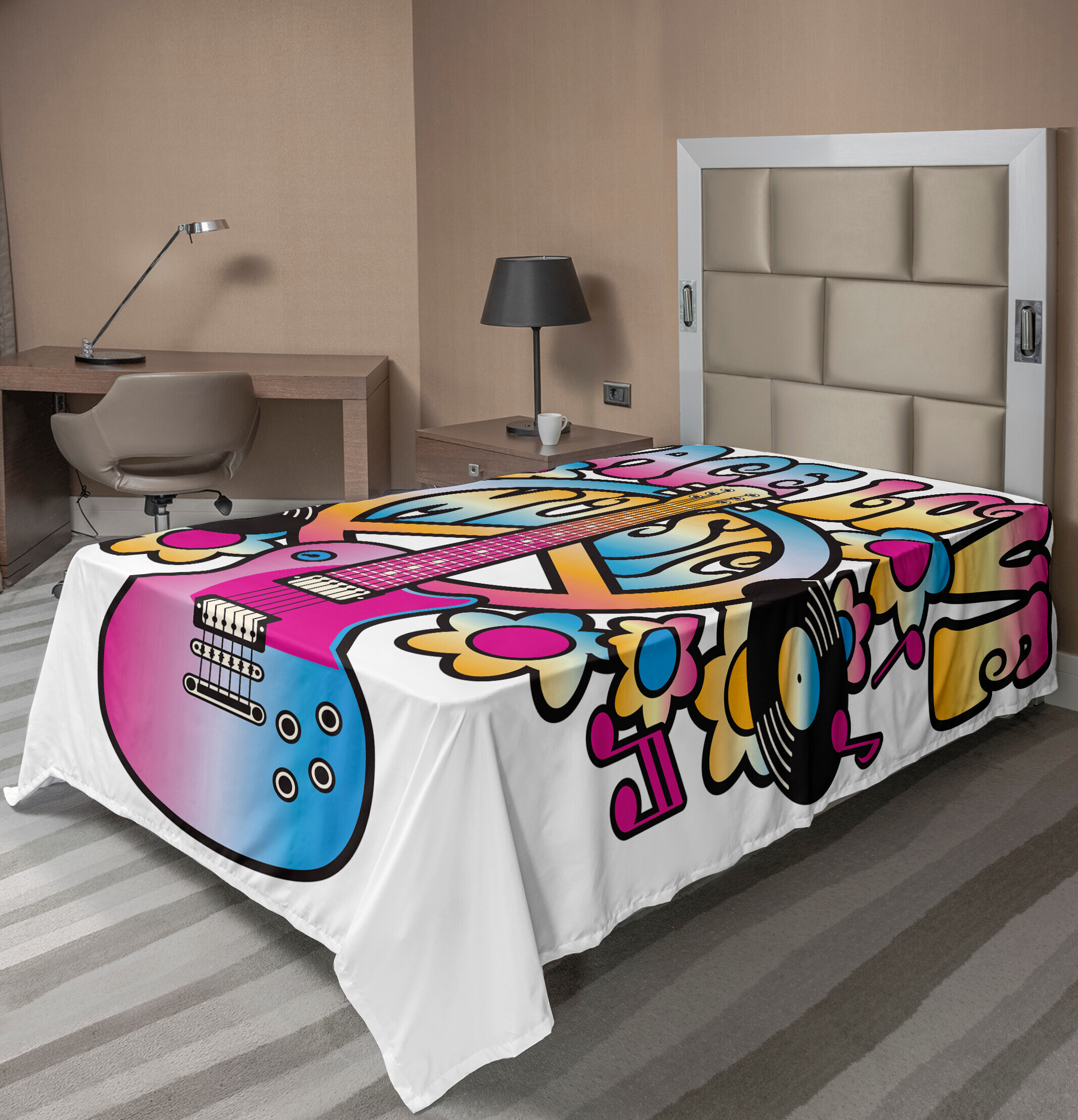 KOZMOS TEKSTL VE GER DÖNÜÜM SANAY TCARET LMTED RKET ABAKUHAUS toll Bettlaken, Friedensliebes Musik Text mit Friedenssymbol Gitarren record musikalische, weiches bequemes oberes Bettlaken für ein dekoratives Bett 1 Stück 190 cm x 100 cm, Blau Gelb Rosa flat_10959_twin_de