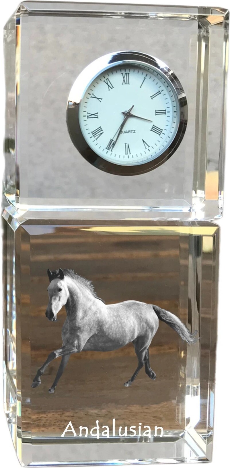 Andalusier - Kristalluhr mit Bild, Pferdebild im Kristall, personalisierte Schreibtischuhr der Marke Art-Dog