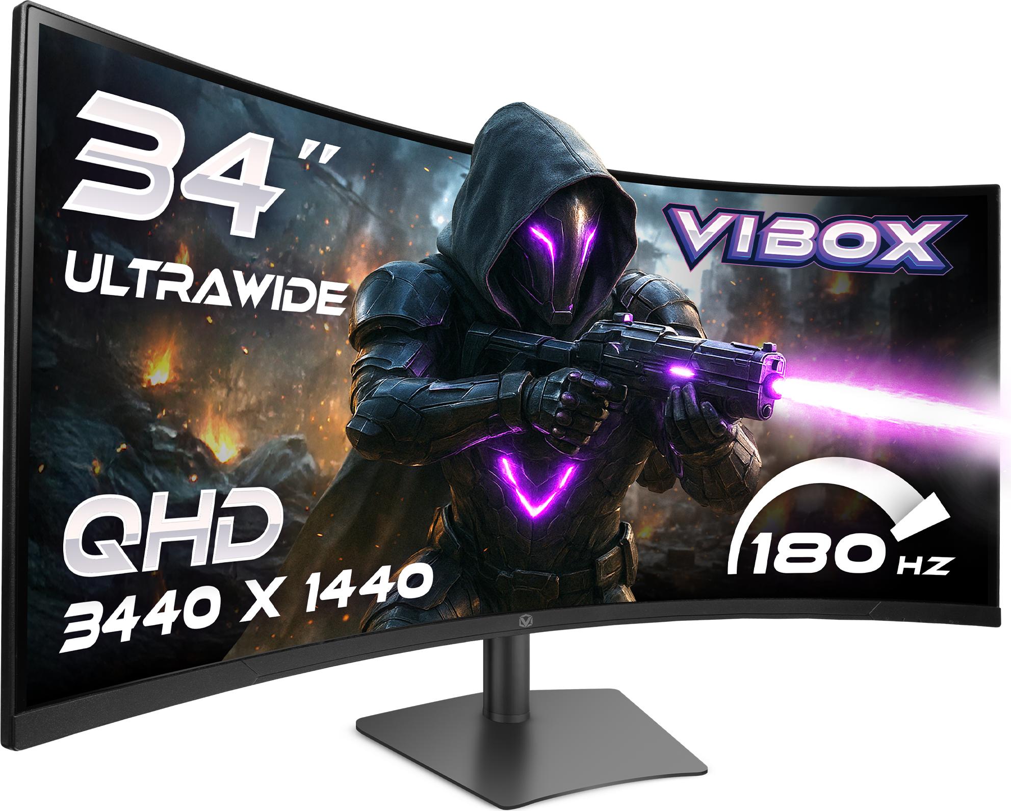 Vibox 34 Zoll 180Hz Ultrawide Curved Gaming-Monitor – UWQHD Auflösung, 1ms, Adaptive Sync, HDMI & DisplayPort ZMON-VIBOX-34Z180UWQHDC-PD1-EU