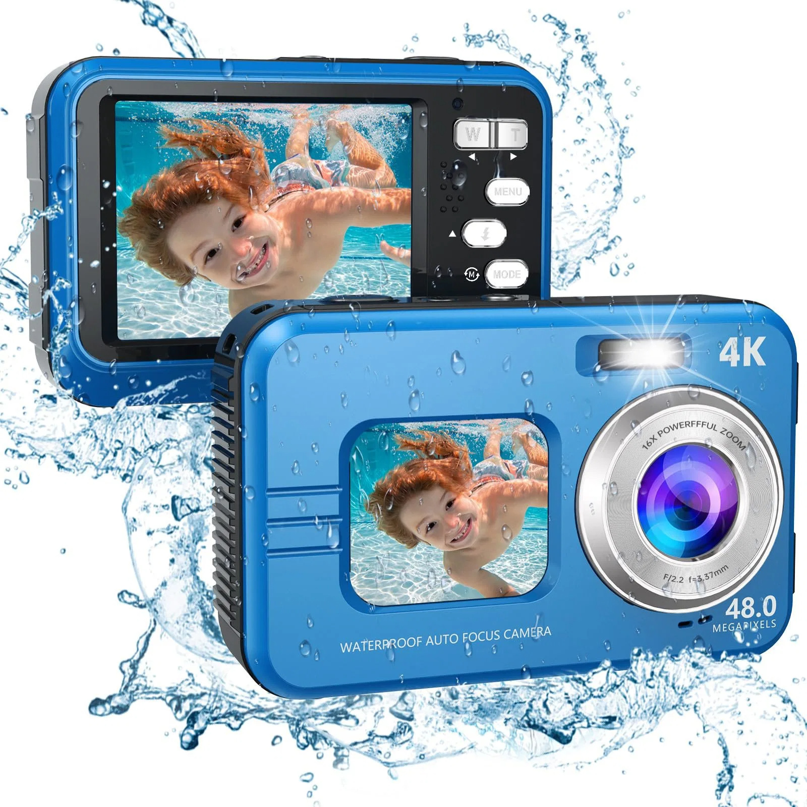 INF Vodotesná podvodná kamera s rozlíšením 48 MP/4K/16x zoom/duálna obrazovka/automatické zaostrovanie Modrá