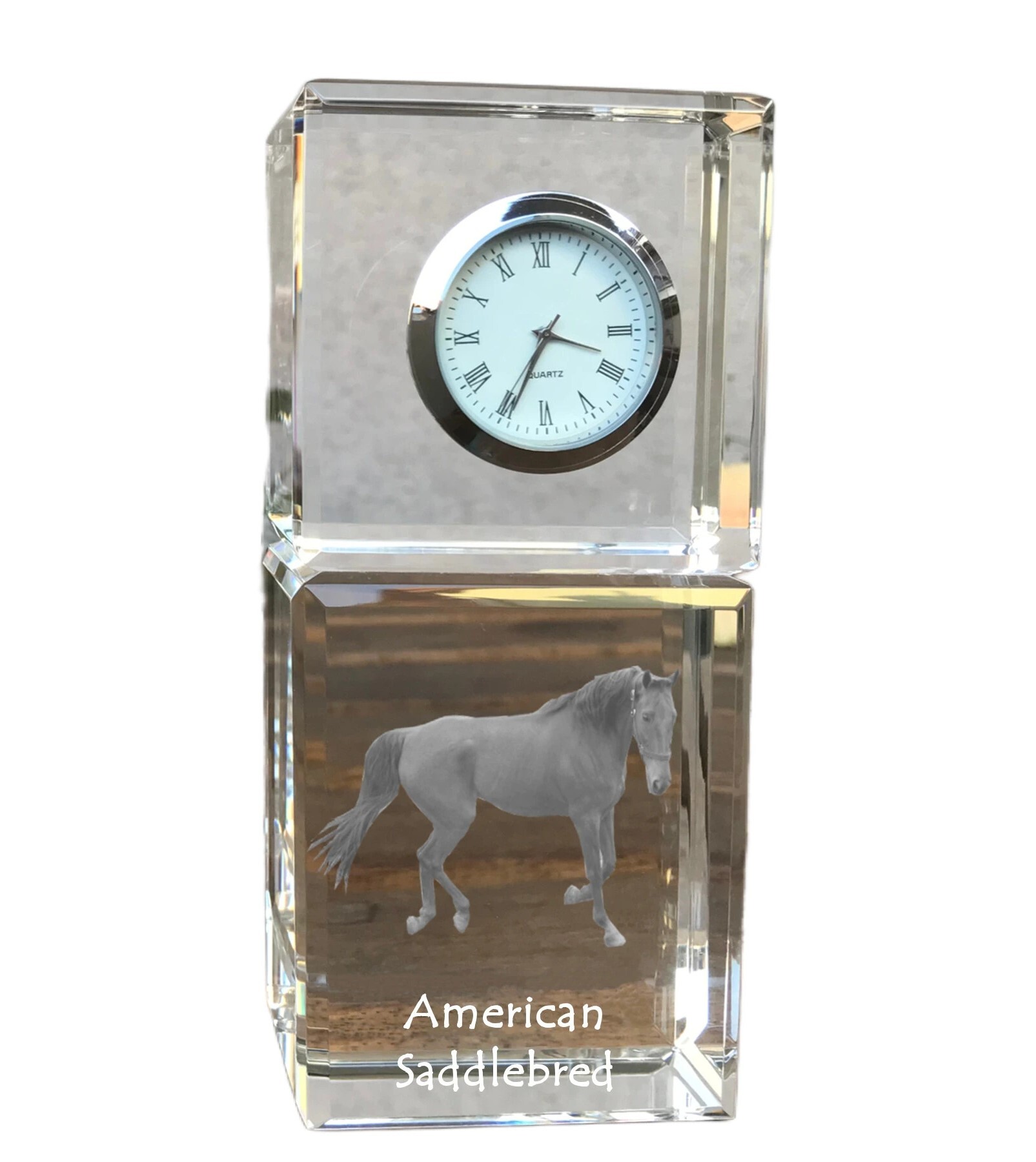 American Saddlebred - Kristalluhr mit Bild, Pferdebild im Kristall, personalisierte Schreibtischuhr der Marke Art-Dog