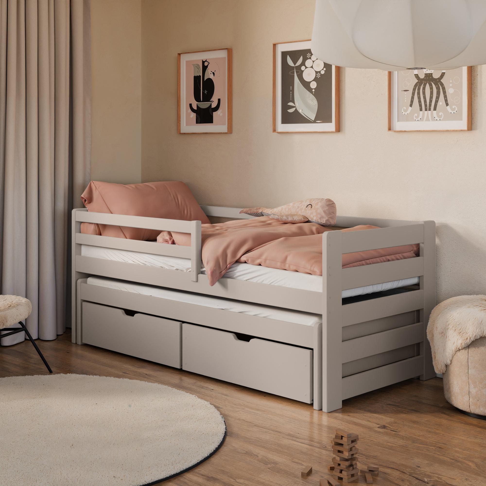 Einzelbett 90x200 cm mit Rausziehbett 90x190 cm mit Zwei Schubladen, Rausfallschutz und Lattenrosten, Vollholz massiv in Kaschmir, Kinderbett Funktionsbett 90x200 cm | von 4. bis 18. Lebensjahr