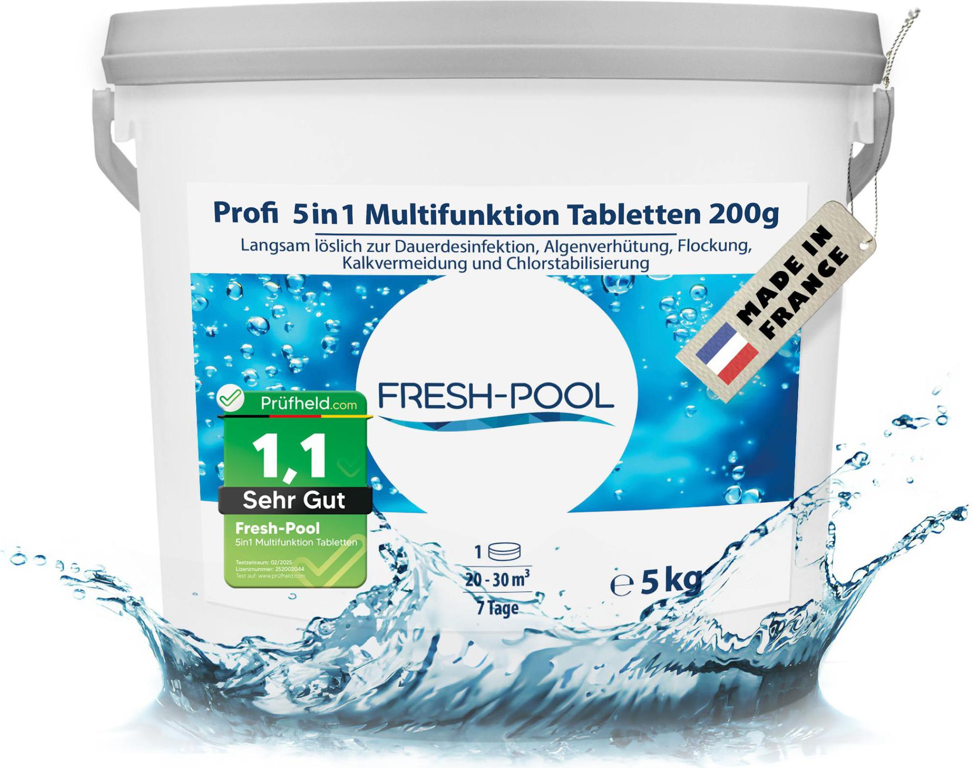 Fresh-Pool Profi 5in1 Multifunktion Tabletten 200g 5 kg - Chlortabletten für Pool mit Algizid und Flockung | Multifunktionstabletten | Multitabs 5 in 1 200g