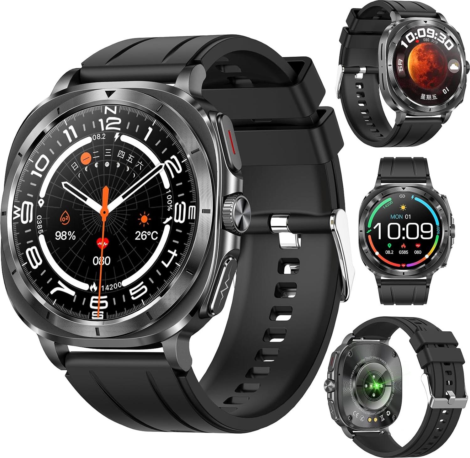 Fohatu Herren Smartwatch AMOLED mit EKG + HRV/Harnsäure/BMI/Annehmen/Anruf mit SOS-Notruf/Sportuhr