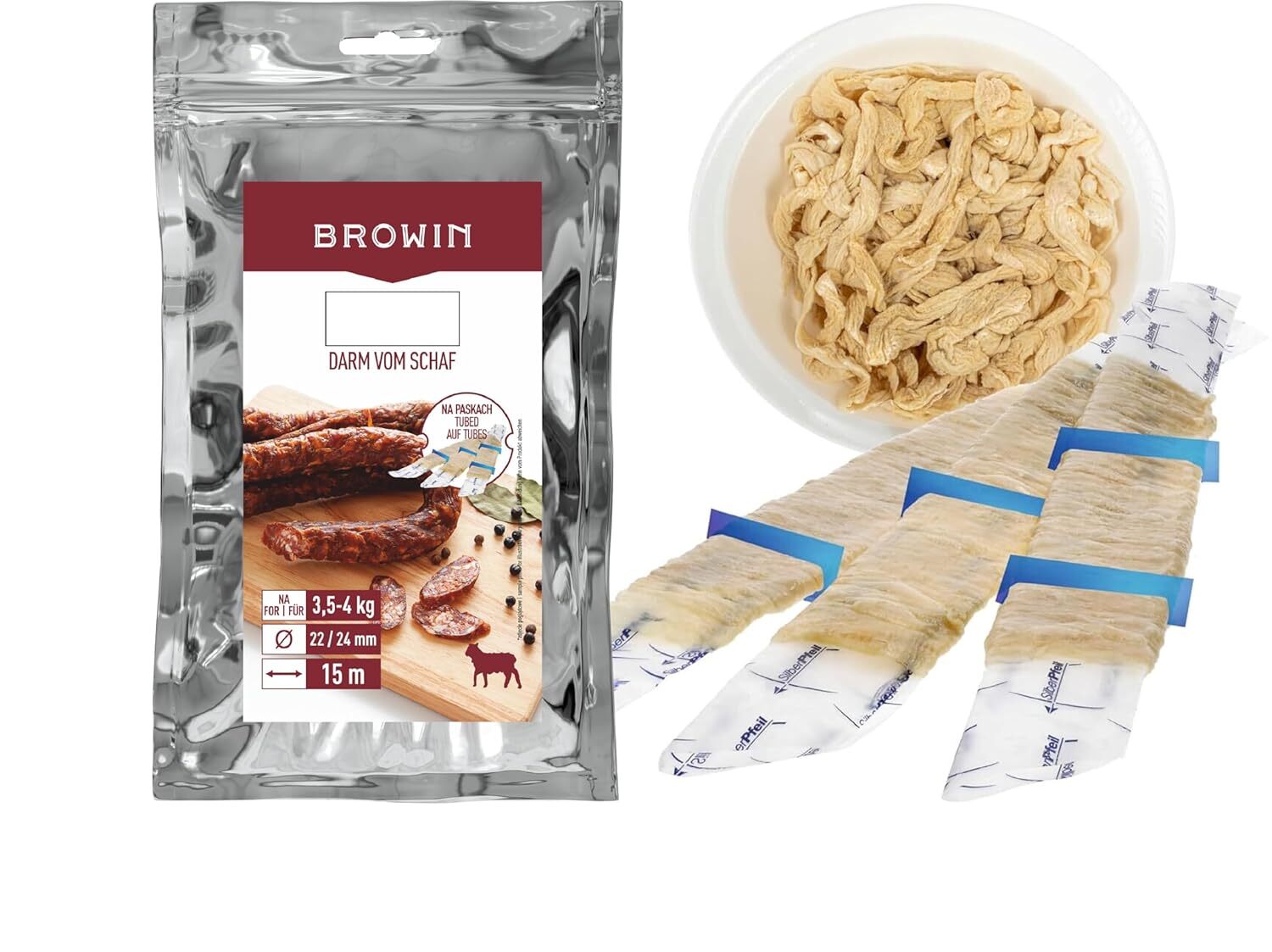 lilawelt24 Naturdarm für Wurst 22/24 mm, auf Streifen, 15 m| Premium Naturdarm für hausgemachte Würstchen, Wacholderwurst, Weißwurst, Bratwurst Schweinedarm Rost 310615