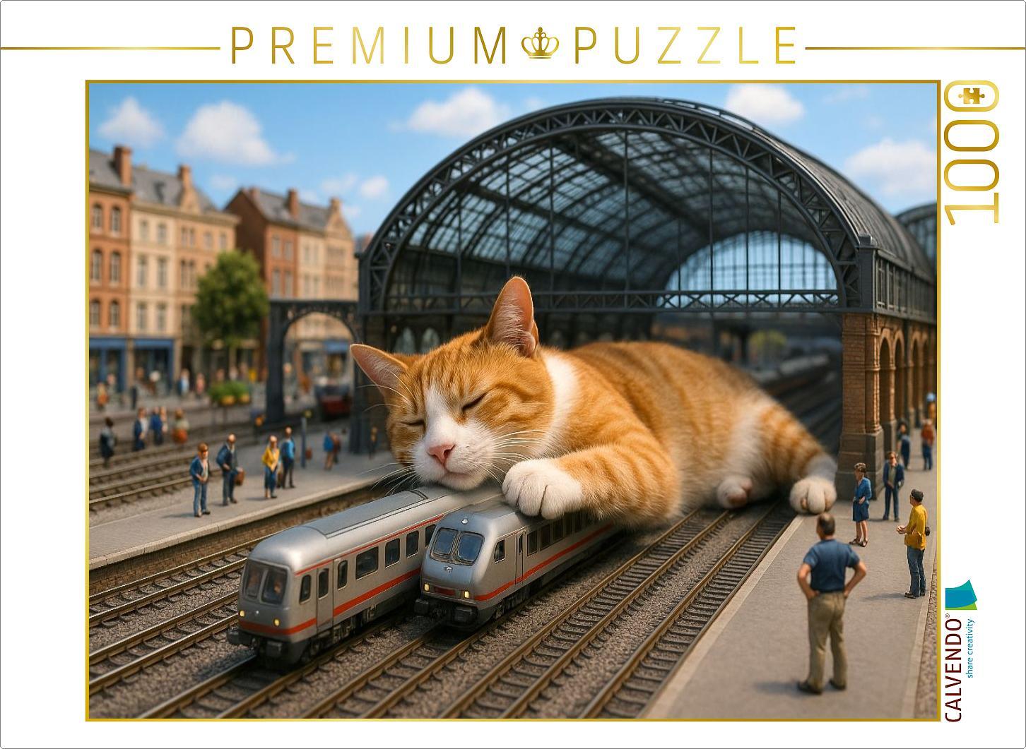 CALVENDO Puzzle Heute Verspätung auf unbestimmte Zeit - riesige Katze schläft im Bahnhof | 1000 Teile Lege-Größe 64x48cm Foto-Puzzle für glückliche Stunden