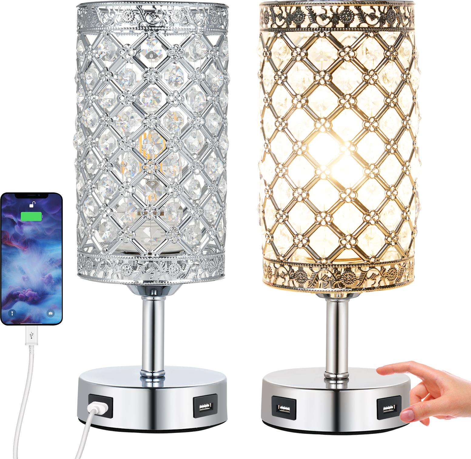 Tomshine Crystal Stolové nočné svetlo vedľa lampy Duálne USB porty 3 úrovne stmievateľného jasu Nastaviteľné citlivé dotykové ovládanie pre dekoráciu domácej spálne obývačky (sada 2)