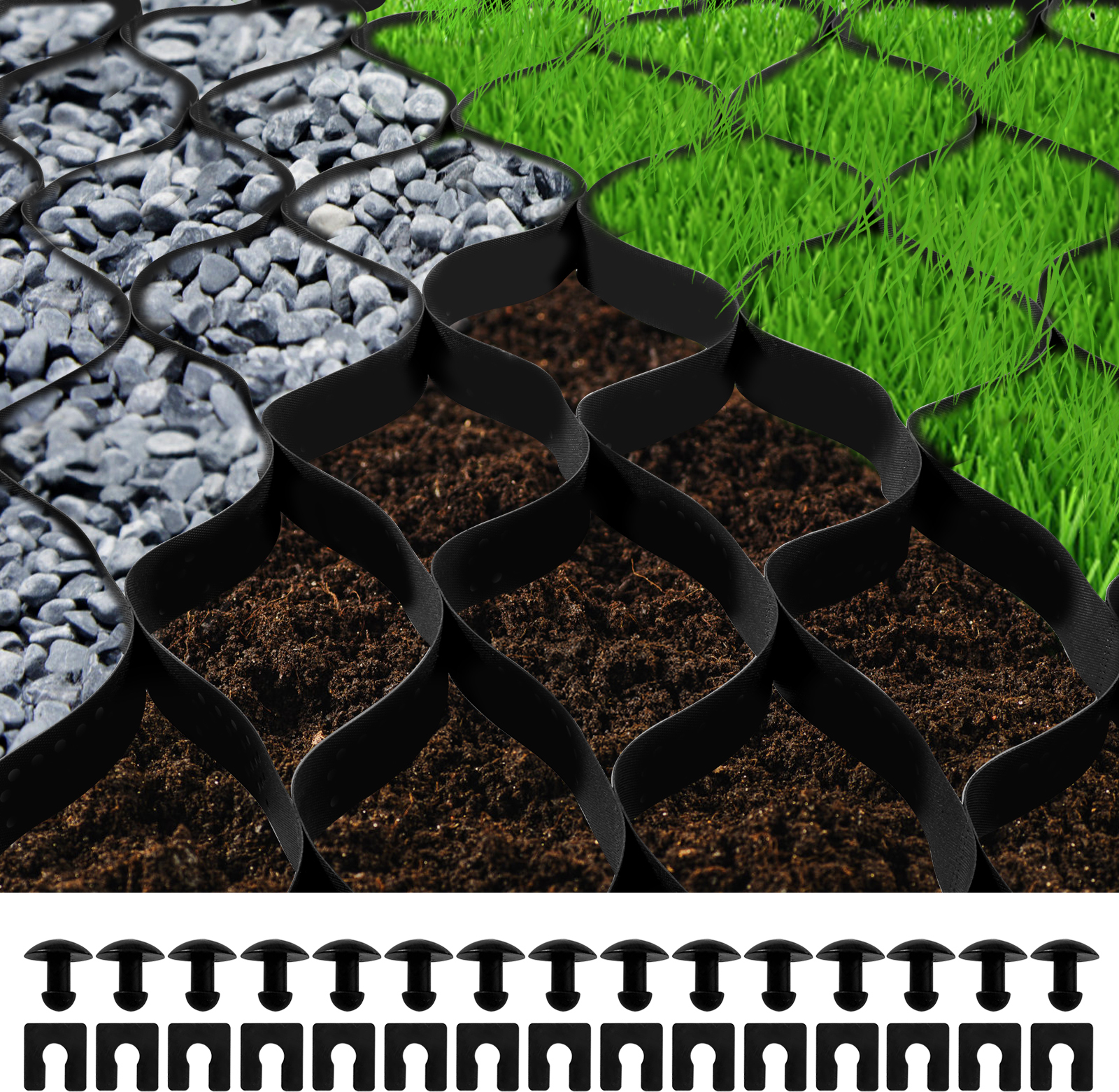 VEVOR Geogitter 8,2x1,2m Abmessungen der Einheit (LxB) Rasengitter HDPE-Material Kiesgitter 10m² Abdeckfläche Kieswabe 5,1cm Tiefe Wabengitter Kiesmatte Bodengitter Bodenverstärkung