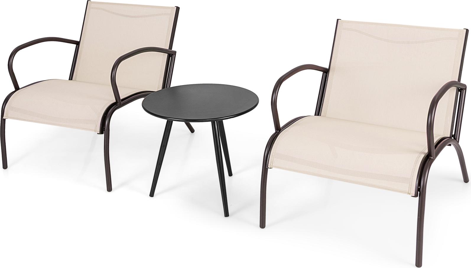 KOMFOTTEU 3-dielna súprava záhradného nábytku s okrúhlym stolom a 2 balkónovými stoličkami z textilénu a kovu, bistro súprava na terasu, verandu, k bazénu, pre 2 osoby, hnedá