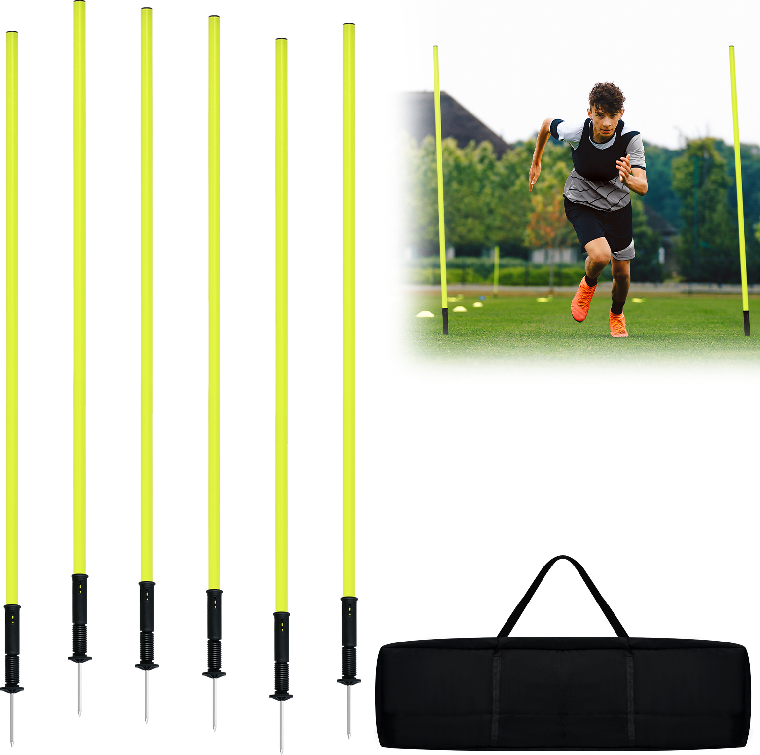LZQ 6 x Slalomstange Trainingsstange 180cm mit ø 25 mm Gelb Agility Kunststoff mit Stahlspitzen,Fussball trainingszubehör für Koordinationstraining