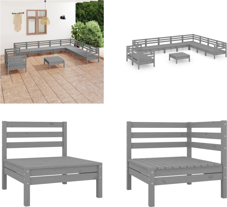 vidaXL 11-dielna záhradná obývacia súprava z masívneho dreva borovica sivá - záhradná obývacia súprava - vonkajšia obývacia súprava - drevená pohovka - drevená záhradná pohovka