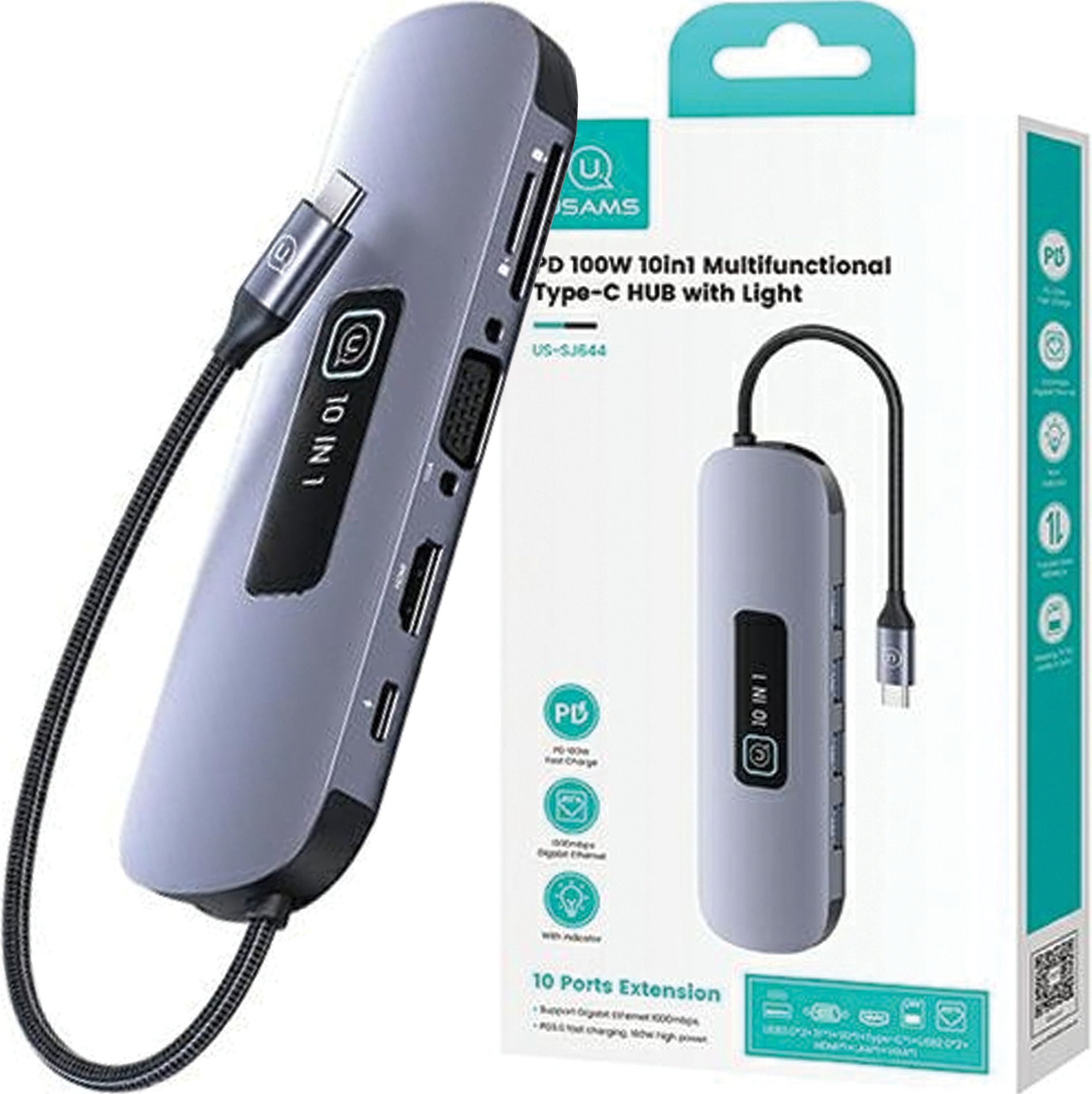 Usams Adaptér Hub 10In1 3Xusb 3.0/Tf/Sd/Usb-C/Hdmi/Rj45/Vga Pd100W Sivá/Matná Sj644Hub01 (Us-Sj644)