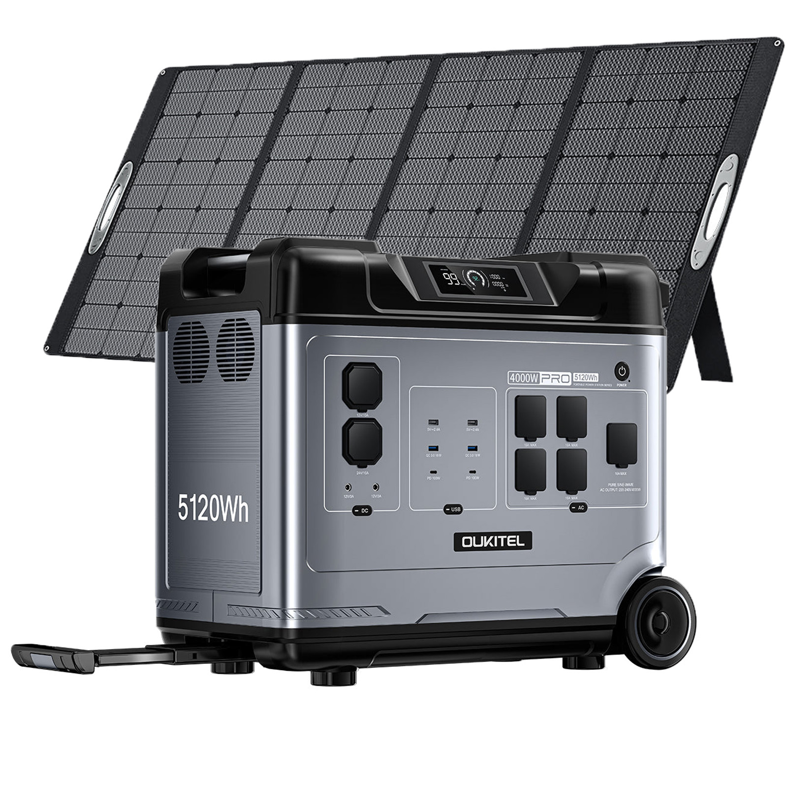 OUKITEL P5000 Pro generátor 4000W solárne úložisko 5120Wh LiFePO4 batéria + OUKITEL PV400E 400W solárny panel, IPX4 vodotesná skladacia solárna nabíjačka