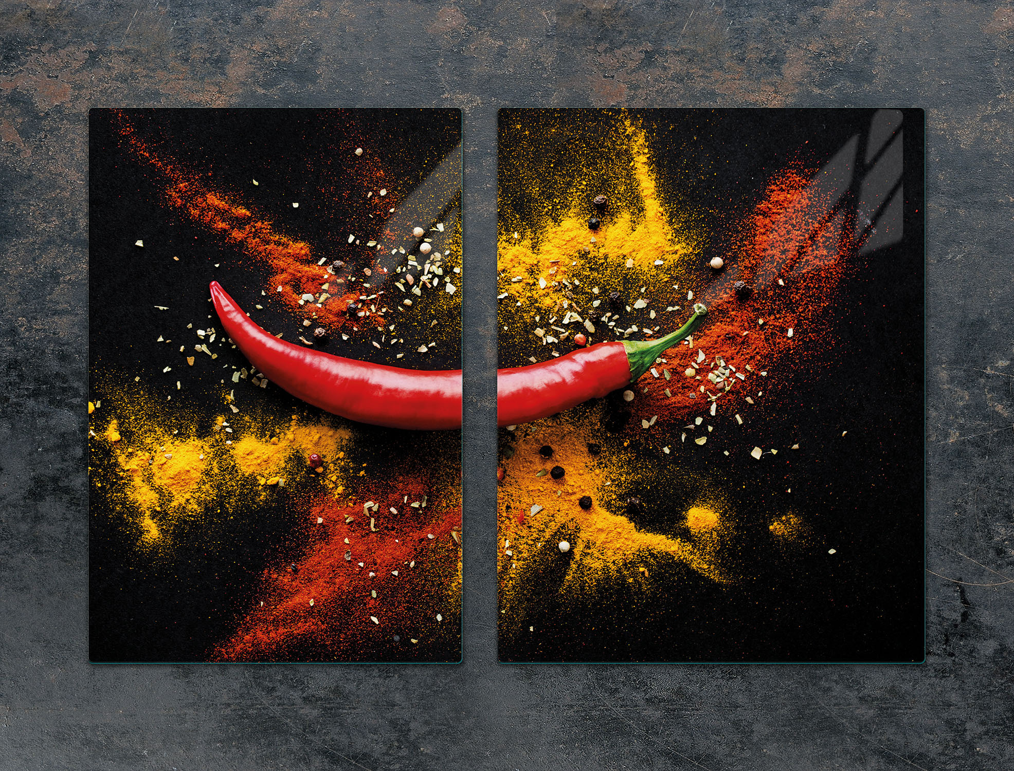 TMK ArtDeko Herdabdeckplatten 2 teilig 75x52 Ceranfeld Abdeckung Glas Schneidebrett Chilli Bunt