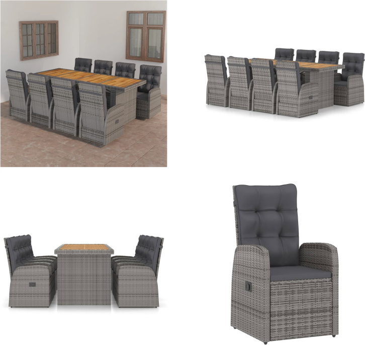 vidaXL 9-dielny záhradný jedálenský set s vankúšmi poly ratan sivý - Set záhradného nábytku - Sety záhradného nábytku - Záhradný stôl a stolička - Záhradné stoly a stoličky