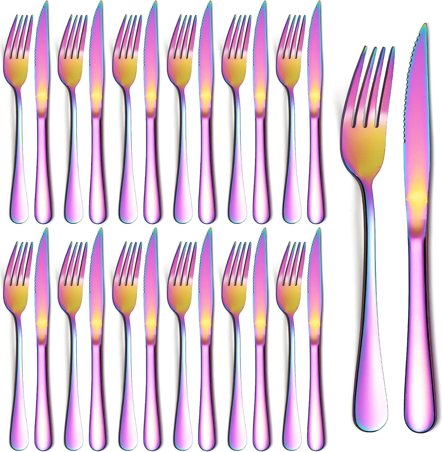 Markenlos Steakbesteck, 24-teilig, Regenbogen-Titanbeschichtung, rostfreies Stahl, 12 Gabeln und 12 Tafelmesser, Steakmesser, Steakgabeln, spülmaschinenfest
