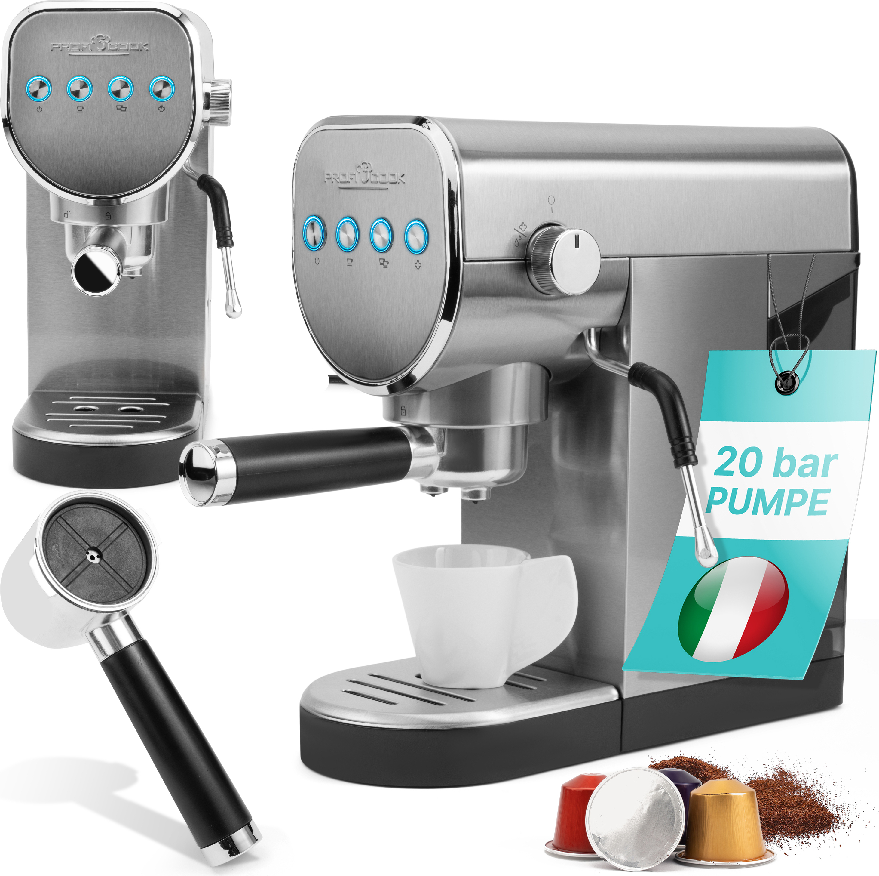 ProfiCook® Espressomaschine für Espressopulver und Nespresso kompatible Kapseln - 20bar italienische Pumpe - für aromatischen Espresso - PC ES 1265 501265