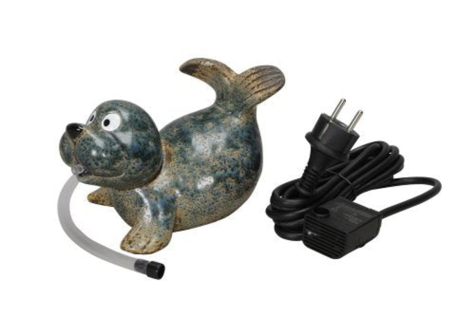 POSIWIO Wasserspeier Seehund blau-braun Keramik 18x11,5cm H13cm mit 230V Pumpe Teichfigur Miniteich Wasserspiel 39631
