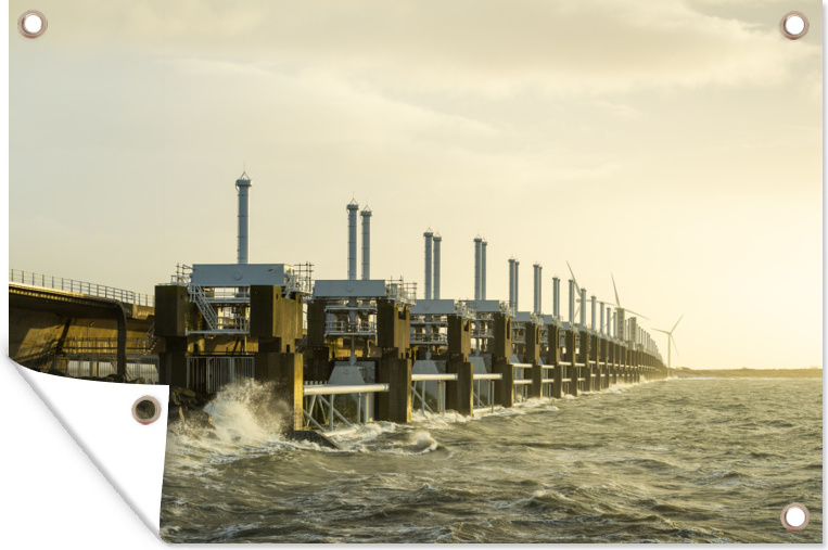MuchoWow® 120x80 cm Outdoor-Poster Gartendeko Sichtschutz Garten Poster für den Garten Wellen, die sich gegen das Sturmflutwehr der Oosterschelde in Zeeland, Niederlande, bewegen 133|180451022