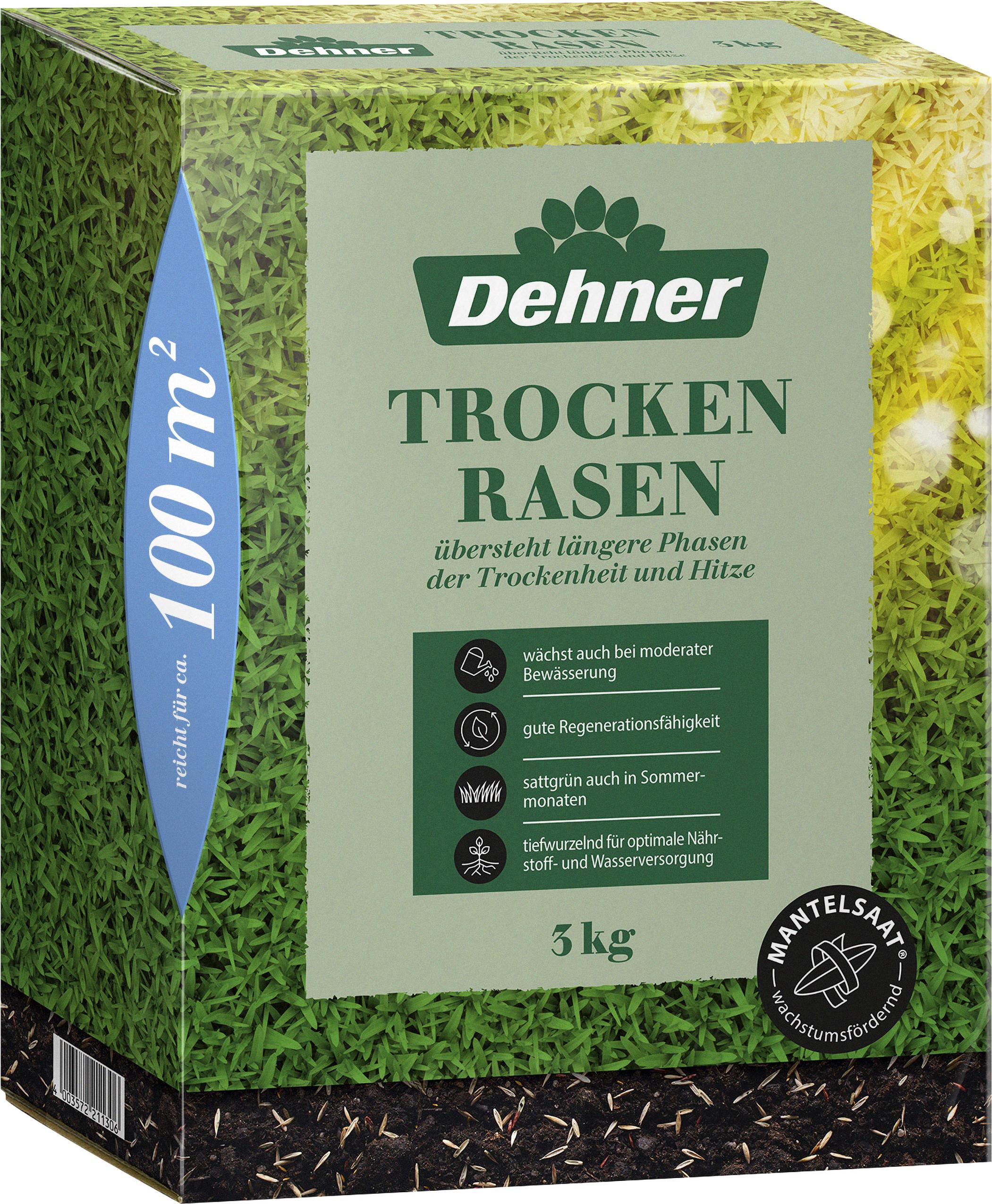 Dehner Saatgut Trockenrasen, hochwertige Rasensamen für strapazierfähigen / trockenheitsresistenten Rasen, schnell keimend / pflegeleicht, ideal für heiße Sommermonate, 3 kg für ca. 100 m² 5802475