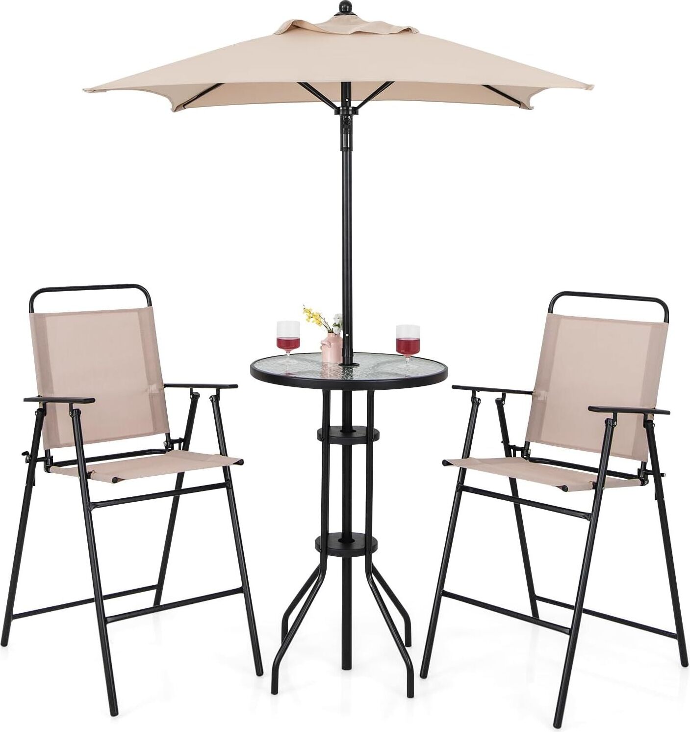 KOMFOTTEU bistro set na záhradu so (slnečníkom), stôl s otvorom na slnečník a 2 skladacie stoličky, záhradný stôl a stoličky, béžová (so slnečníkom)