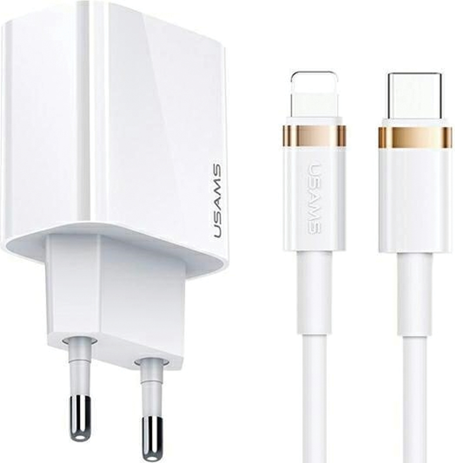 Usams Ład. 1Xusb-C T34 20W 5V-3A Pd3.0 + kábel U63 Usb-C Do Lightning 20W Biały/White (T49) T49Ocln01