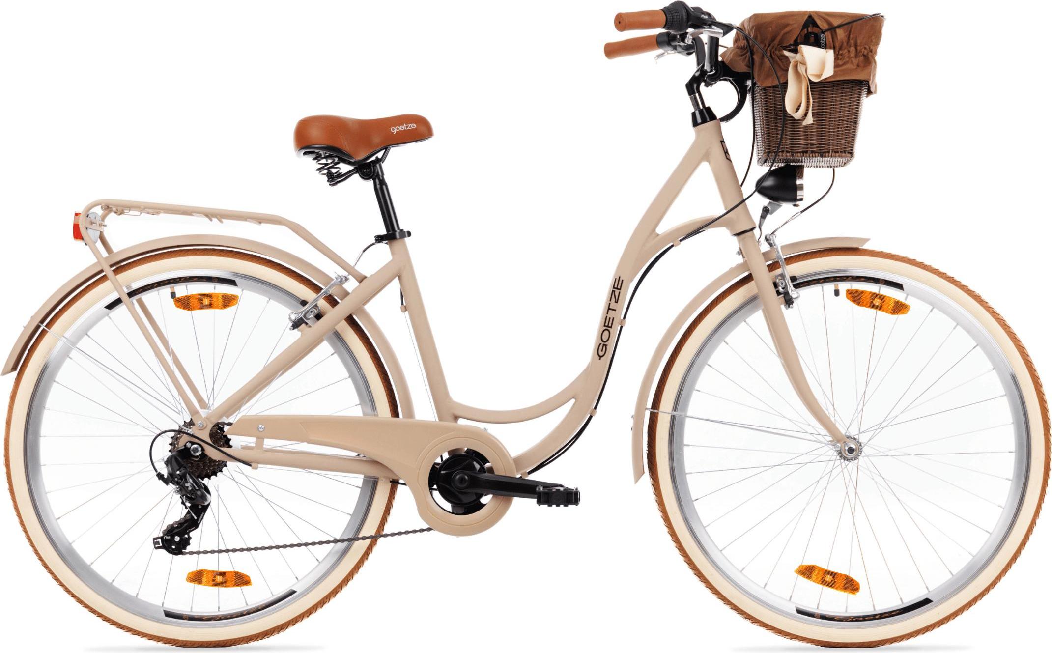 Goetze Bike Goetze Mood 28 Zoll City Bike, 18 Zoll Aluminum Rahmen, 7-Gang Shimano Tourney, V-Bremse, LED-Beleuchtung, Komfortsattel, Rattankorb mit Bezug Goetze Mood 28 | 18 ALU KW