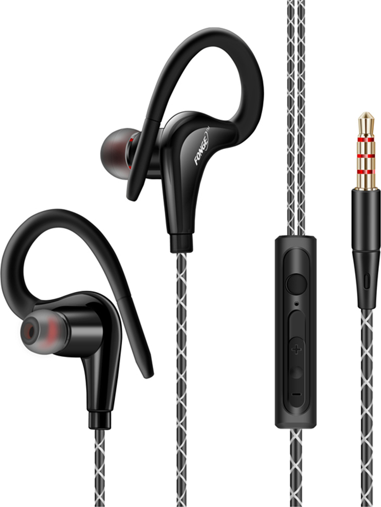 FONGE S760 Káblové slúchadlá do uší s ušnými háčikmi, stereo slúchadlá so super basmi, športové slúchadlá s mikrofónom, čierne