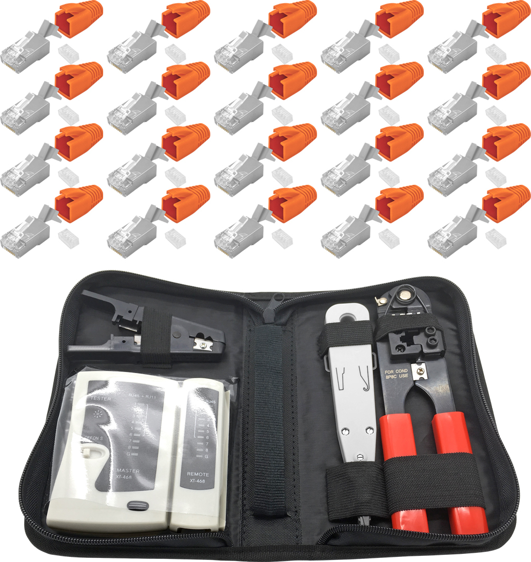 ARLI Netzwerk Werkzeugset + 20x RJ45 Netzwerkstecker mit Zugentlastung, Einführhilfe und Knickschutz