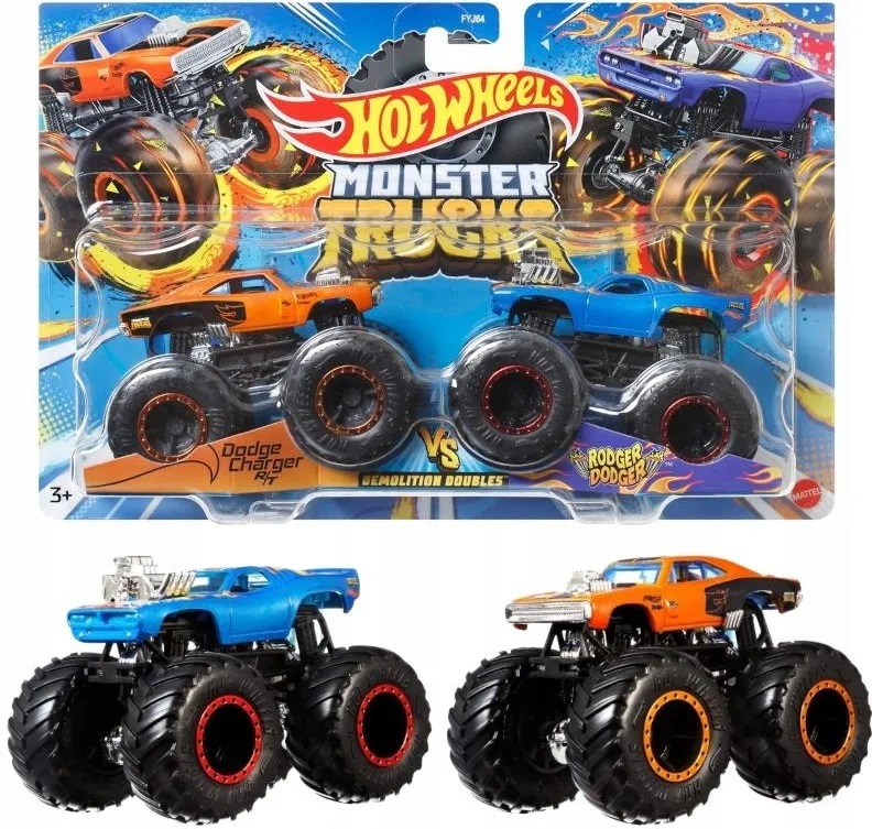 Mattel Monster Trucks Maßstab 1:64 DieCast Doubles Rodger Dodger Vs Dodge Charger R/T Hot Wheels HNX30