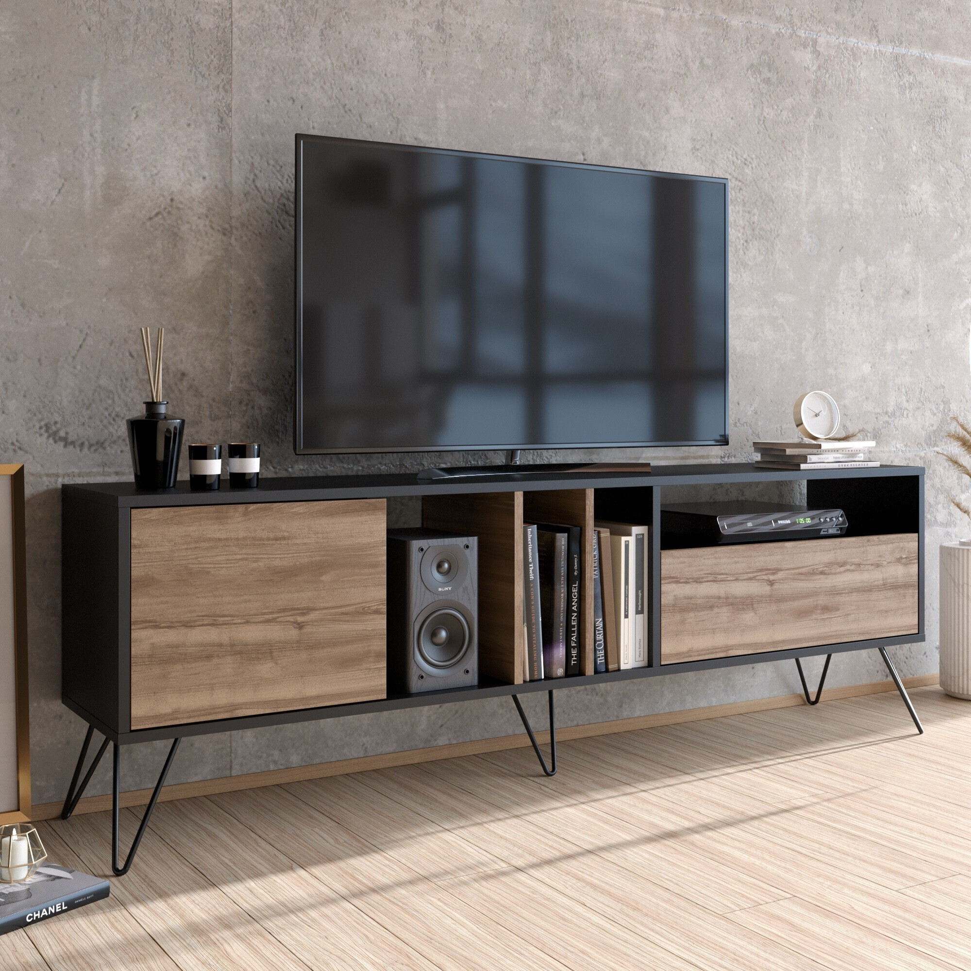 TV-Ständer Größe: Breite: 180 cm, Höhe: 58,7 cm, Tiefe: 35,5 cm Dicke: 18 mm Höhe der Seitenablage: 12,8 cm