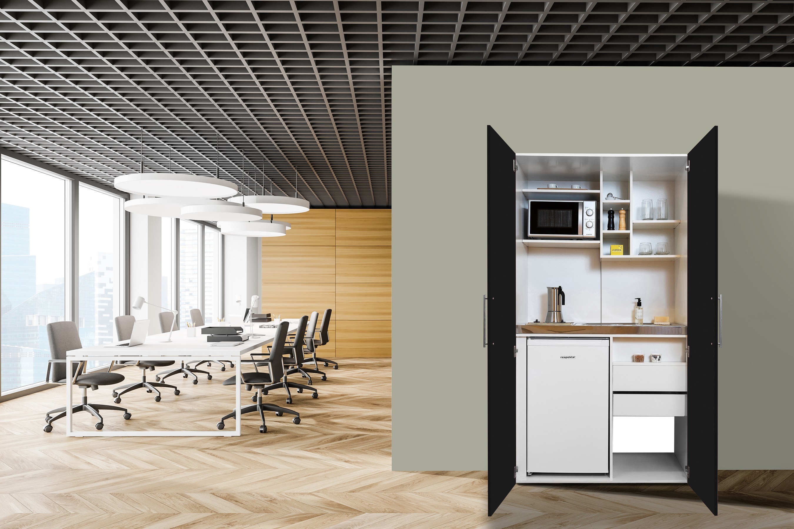 Küche Büroküche Miniküche Singleküche Weiß Schwarz Peter 104 cm Respekta SKWSMICS