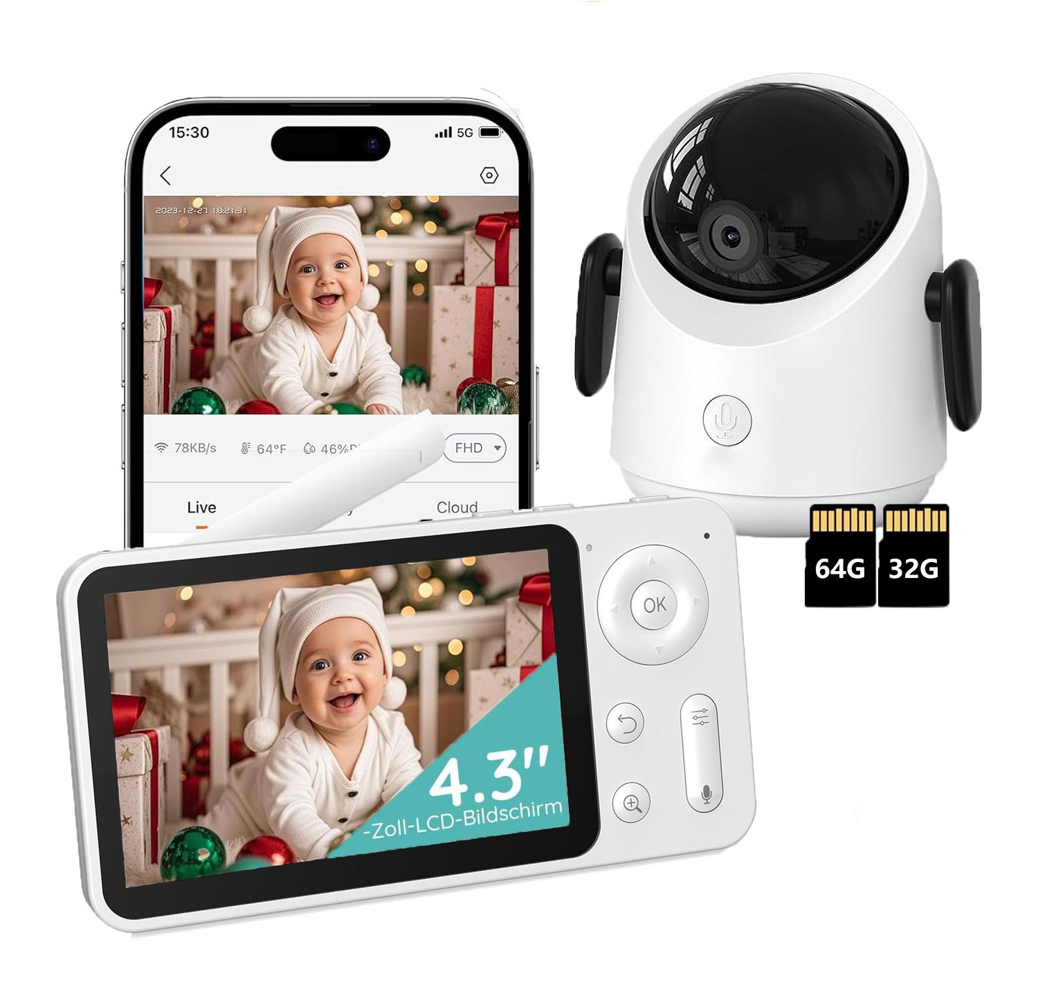 Avylet Babyphone mit Kamera 360° WLAN 2MP Video Babyfon mit App 4×Zoom Bewegungsverfolgung IR Nachtsicht Weinen/Bewegungs/Geräuscherkennung mit 32G&64G
