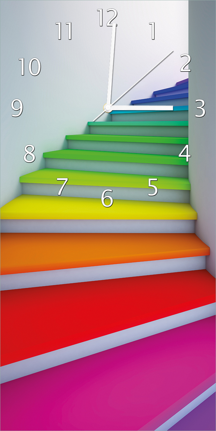 Wallario Design Wanduhr Bunte Treppe aus Echtglas, Größe 30 x 60 cm guk0137-3060